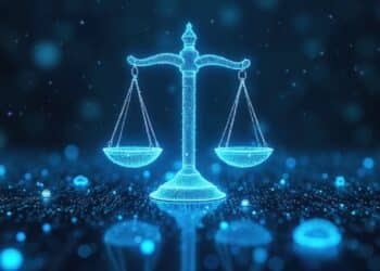 Digital illustration visualizes ethical AI regulations balance. Futuristic glowing scales of justice symbolize legal compliance, responsibility governance in technology. Abstract concept represents