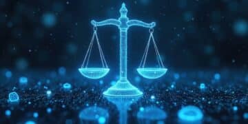 Digital illustration visualizes ethical AI regulations balance. Futuristic glowing scales of justice symbolize legal compliance, responsibility governance in technology. Abstract concept represents